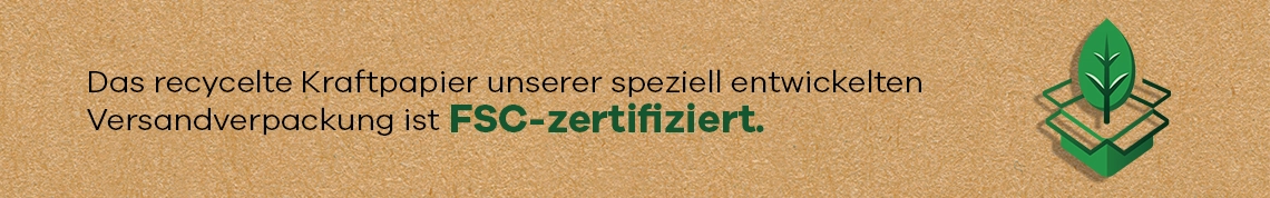 Das recycelte Kraftpapier unserer speziell entwickelten Versandverpackung ist FSC-zertifiziert.