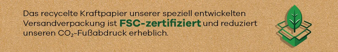 Grünes Symbol mit Blatt und Karton, daneben Text zu FSC-zertifiziertem Kraftpapier mit reduziertem CO₂-Fußabdruck.