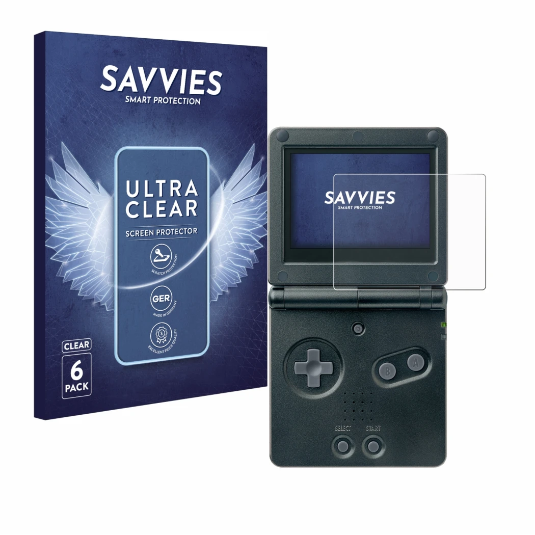 Vorderseite einer Produktverpackung mit dem Markenlogo Savvies. Daneben ist das Gerät Nintendo Gameboy Advance GBA SP mit dem 