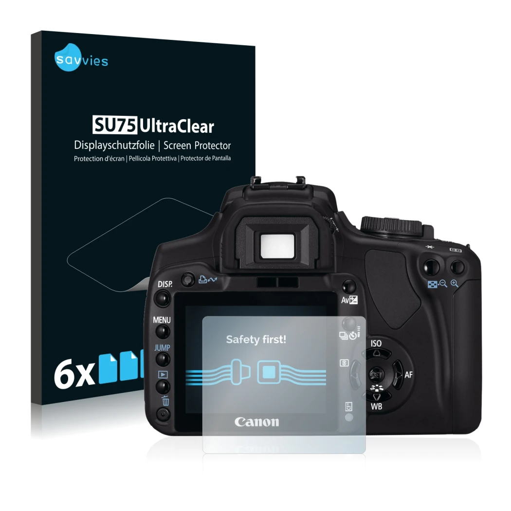 Vorderseite einer Produktverpackung mit dem Markenlogo Savvies. Daneben ist das Gerät Canon EOS 400D mit dem zugehörigen Displ