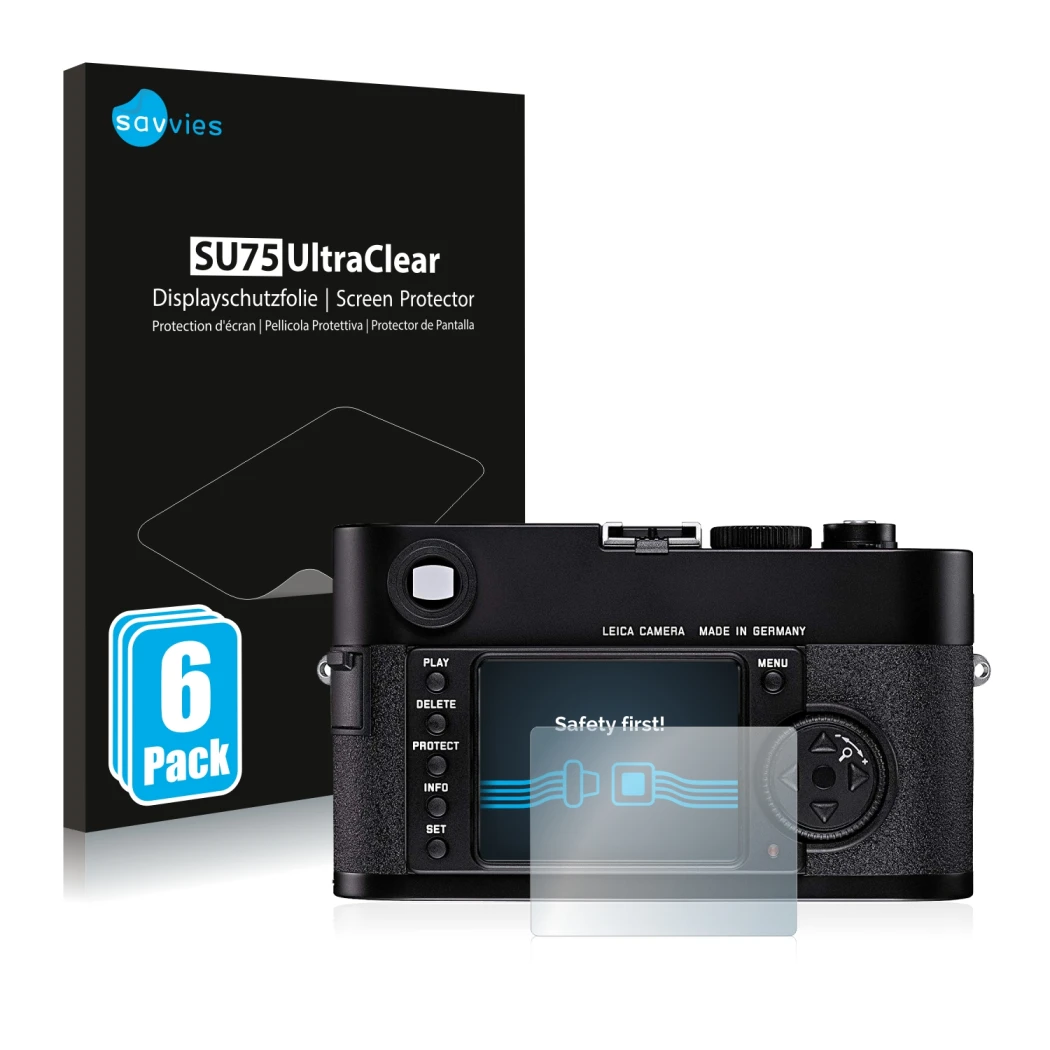 Vorderseite einer Produktverpackung mit dem Markenlogo Savvies. Daneben ist das Gerät Leica M8 mit dem zugehörigen Displayschu