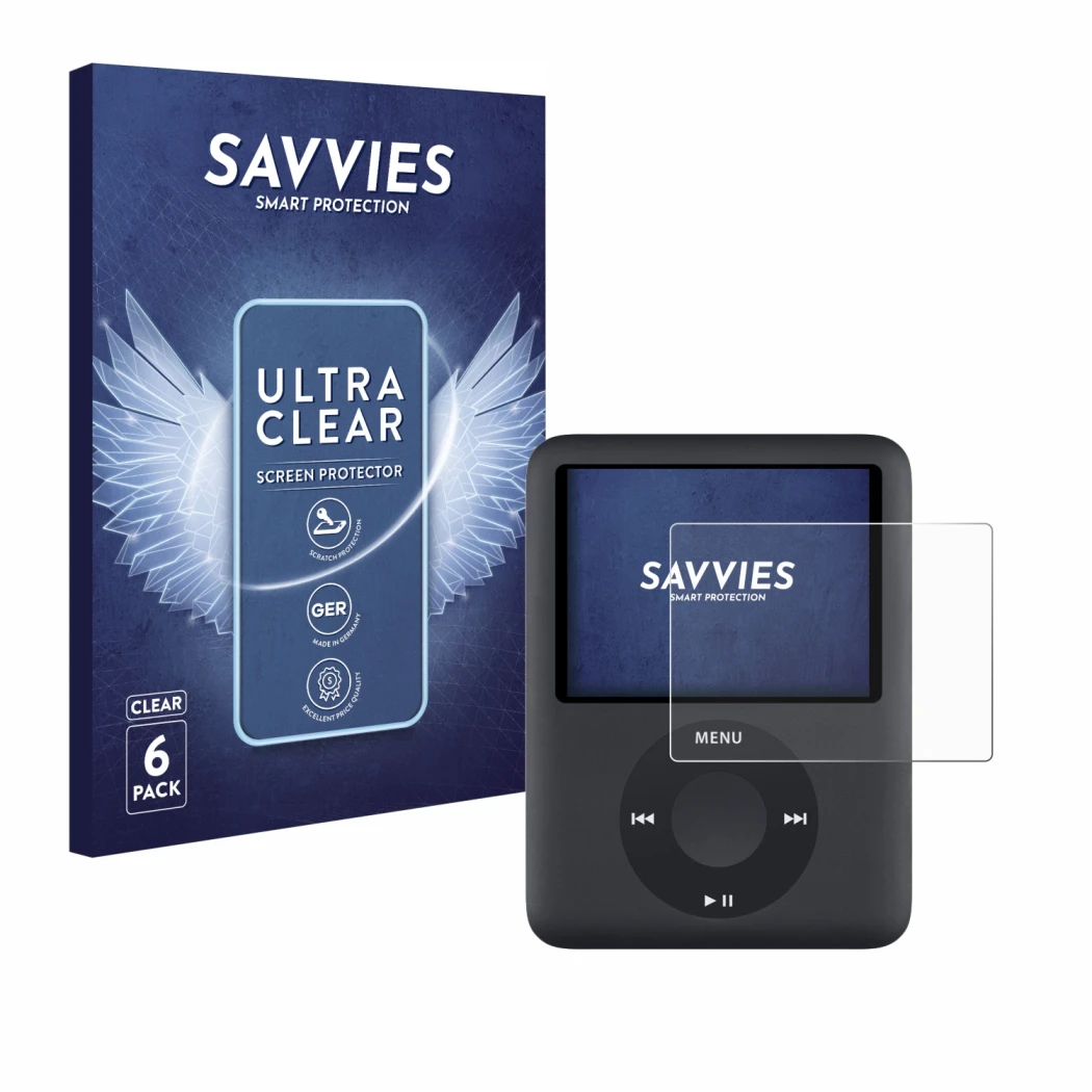 Vorderseite einer Produktverpackung mit dem Markenlogo Savvies. Daneben ist das Gerät Apple iPod nano (3. Gen.) mit dem zugehö