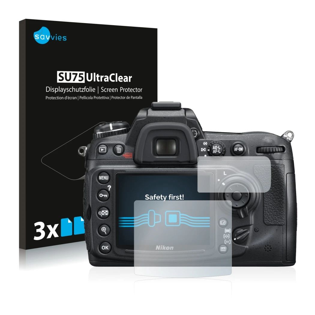 Vorderseite einer Produktverpackung mit dem Markenlogo Savvies. Daneben ist das Gerät Nikon D300S mit dem zugehörigen Displays