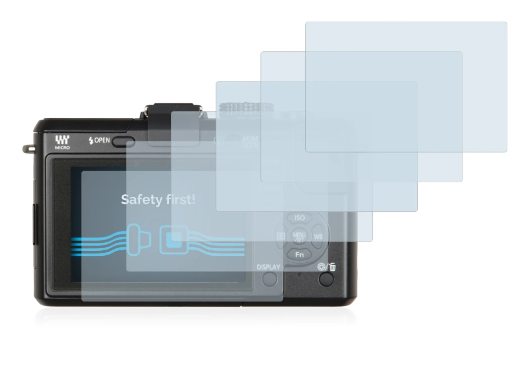 Abbildung des Geräts Panasonic Lumix DMC-GF1 mit einer Vielzahl des Displayschutzes.