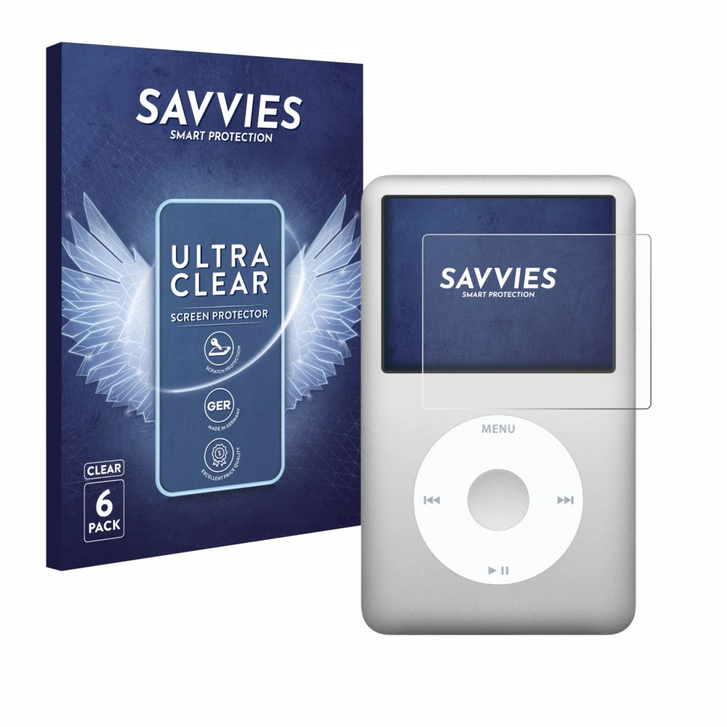 Vorderseite einer Produktverpackung mit dem Markenlogo Savvies. Daneben ist das Gerät Apple iPod classic 160 GB (7. Gen.) mit 