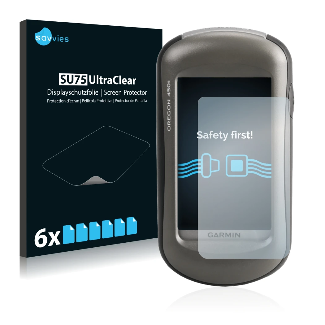 Vorderseite einer Produktverpackung mit dem Markenlogo Savvies. Daneben ist das Gerät Garmin Oregon 450 mit dem zugehörigen Di