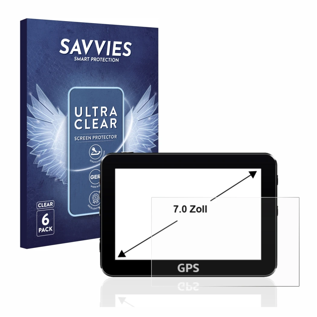 Vorderseite einer Produktverpackung mit dem Markenlogo Savvies. Daneben ist das Gerät mit dem zugehörigen Displayschutz abgebi