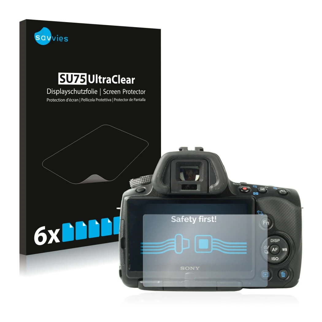 Vorderseite einer Produktverpackung mit dem Markenlogo Savvies. Daneben ist das Gerät Sony Alpha 55 (SLT-A55V) mit dem zugehör