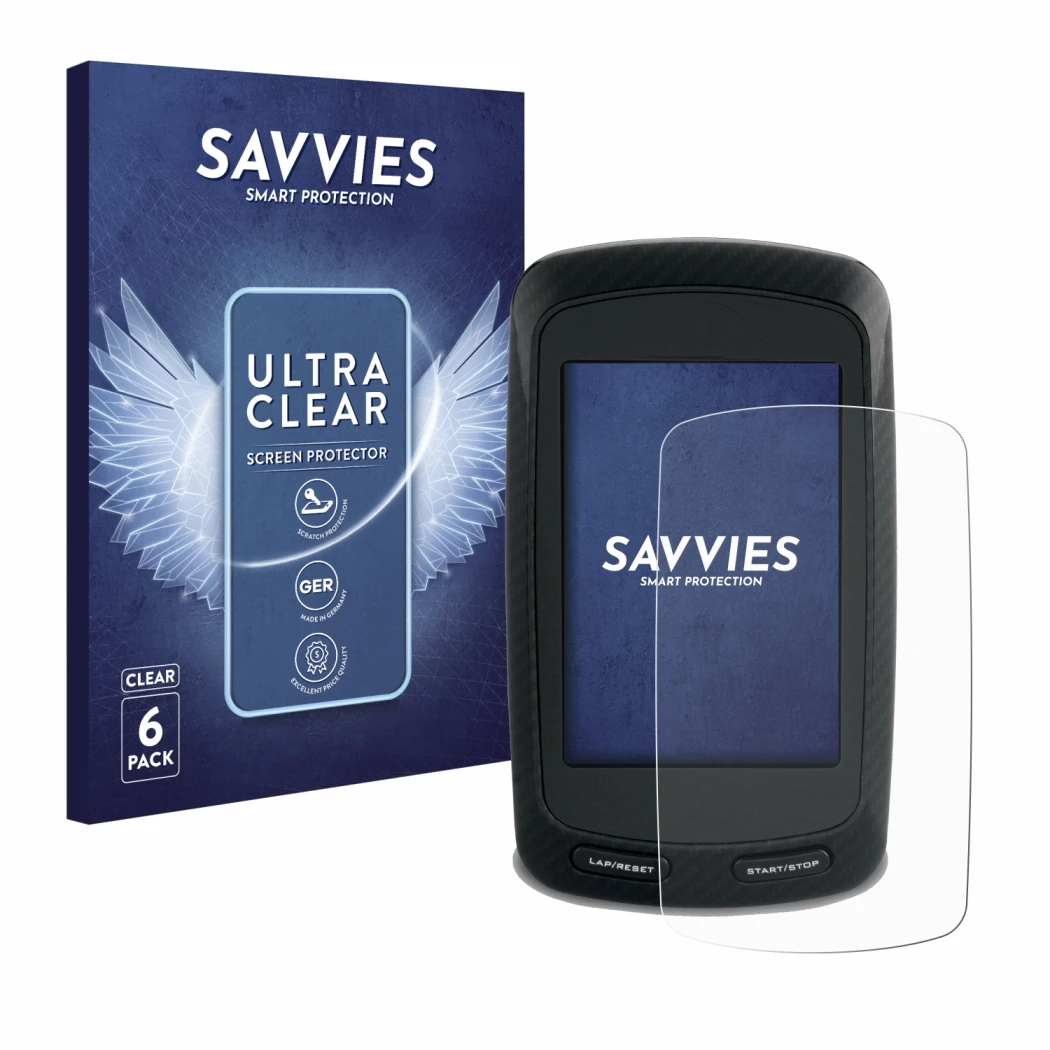 Vorderseite einer Produktverpackung mit dem Markenlogo Savvies. Daneben ist das Gerät Garmin Edge 800 mit dem zugehörigen Disp