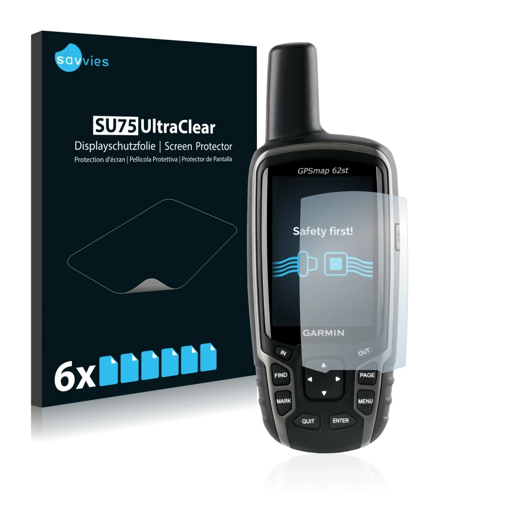 Vorderseite einer Produktverpackung mit dem Markenlogo Savvies. Daneben ist das Gerät Garmin GPSMAP 62st mit dem zugehörigen D