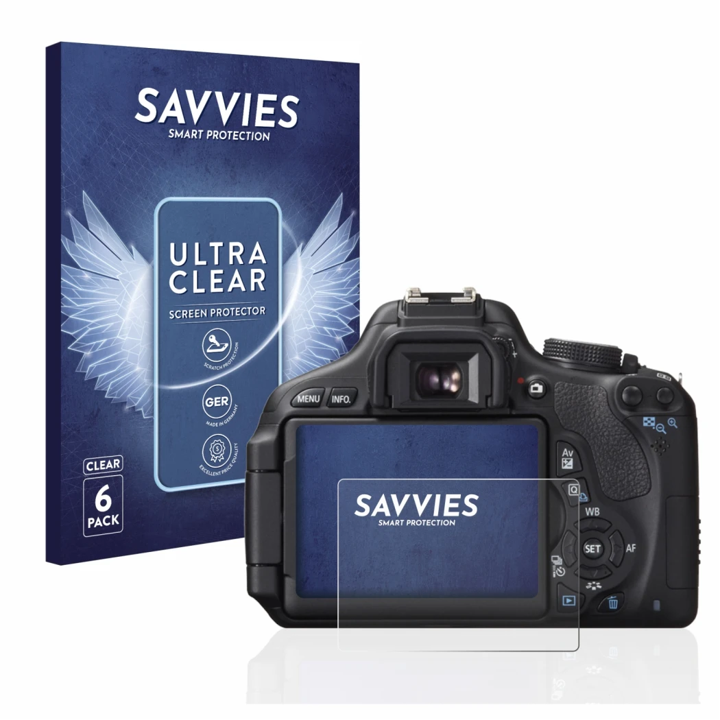 Vorderseite einer Produktverpackung mit dem Markenlogo Savvies. Daneben ist das Gerät Canon EOS 600D mit dem zugehörigen Displ