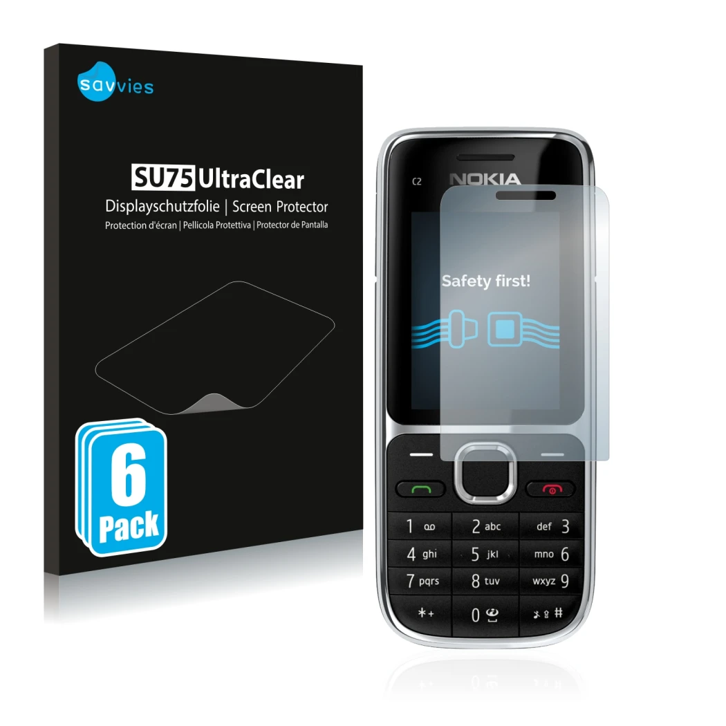 Vorderseite einer Produktverpackung mit dem Markenlogo Savvies. Daneben ist das Gerät Nokia C2-01 mit dem zugehörigen Displays