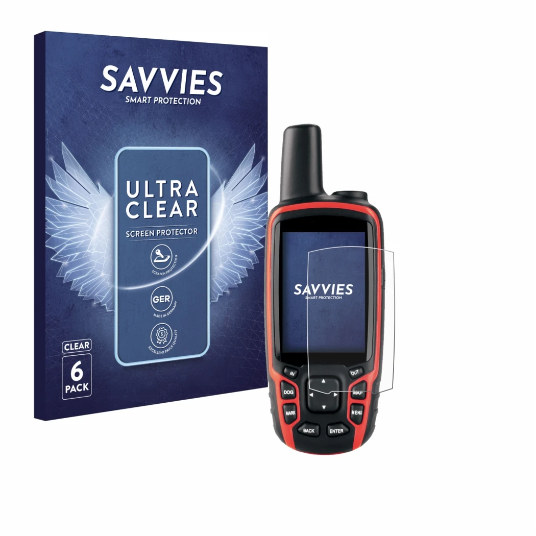 Vorderseite einer Produktverpackung mit dem Markenlogo Savvies. Daneben ist das Gerät Garmin Astro 320 mit dem zugehörigen Dis