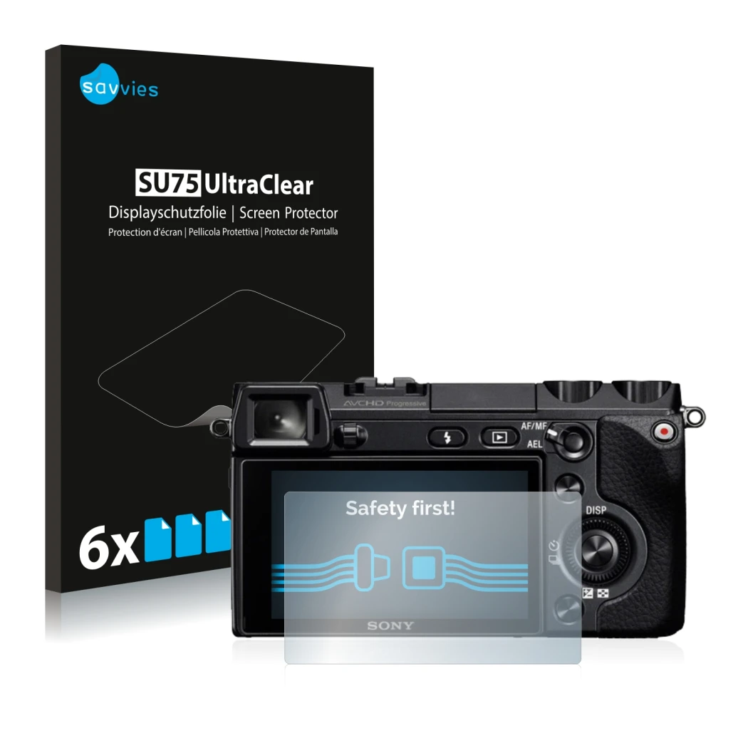 Vorderseite einer Produktverpackung mit dem Markenlogo Savvies. Daneben ist das Gerät Sony Alpha NEX-7 mit dem zugehörigen Dis