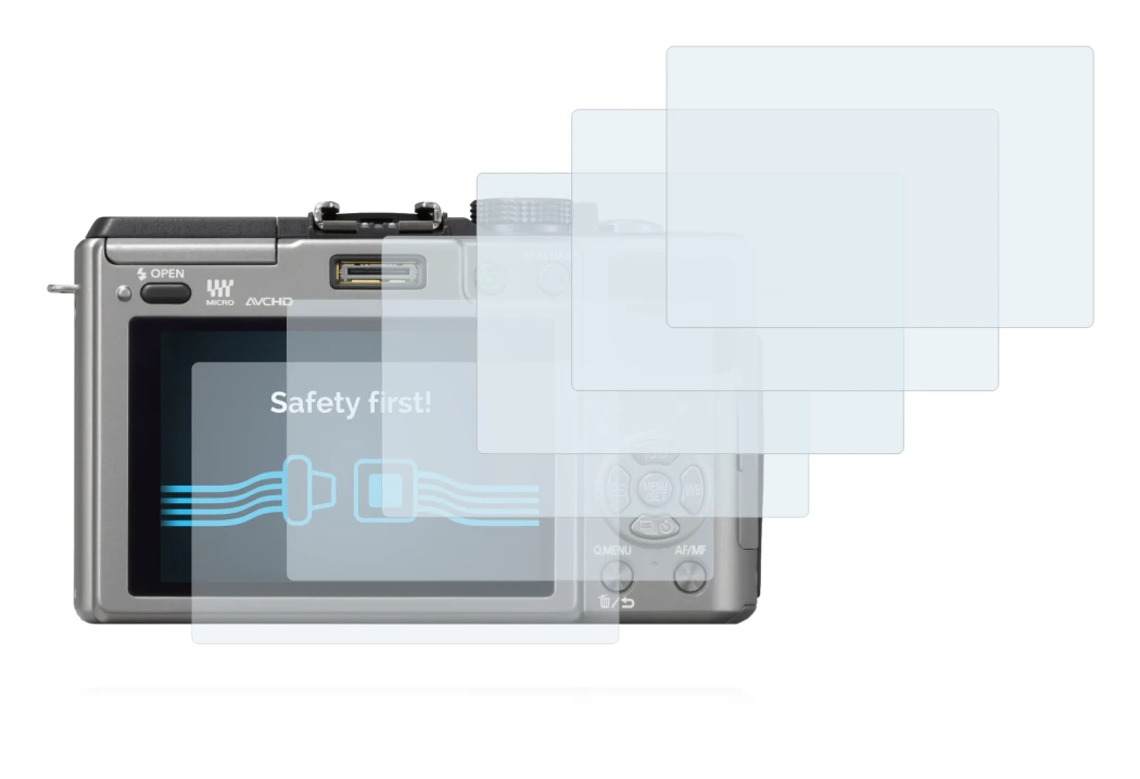 Abbildung des Geräts Panasonic Lumix DMC-GX1 mit einer Vielzahl des Displayschutzes.