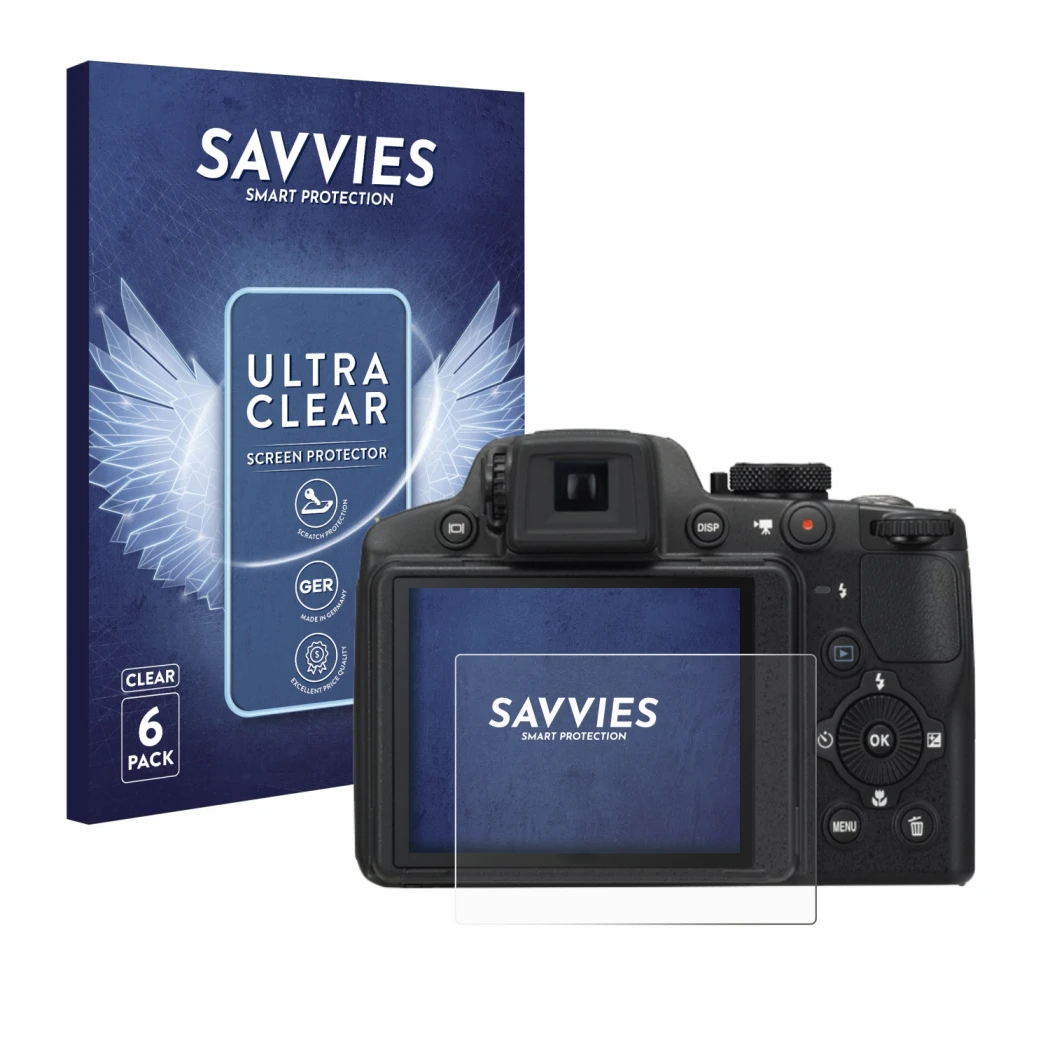 Vorderseite einer Produktverpackung mit dem Markenlogo Savvies. Daneben ist das Gerät Nikon Coolpix P510 mit dem zugehörigen D