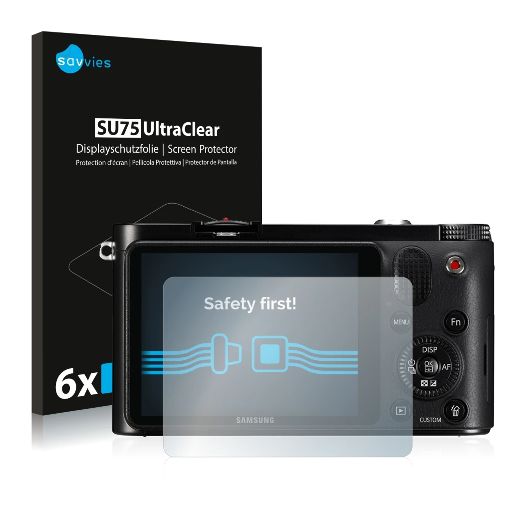Vorderseite einer Produktverpackung mit dem Markenlogo Savvies. Daneben ist das Gerät Samsung NX1000 mit dem zugehörigen Displ