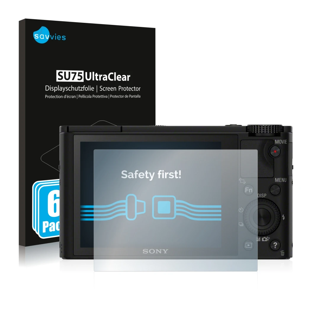 Vorderseite einer Produktverpackung mit dem Markenlogo Savvies. Daneben ist das Gerät Sony Cyber-Shot DSC-RX100 mit dem zugehö