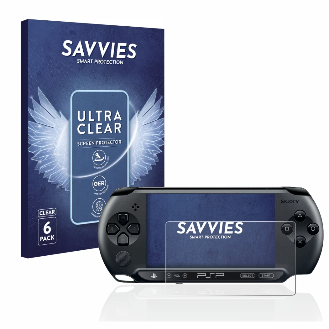 Vorderseite einer Produktverpackung mit dem Markenlogo Savvies. Daneben ist das Gerät Sony PSP 1004 mit dem zugehörigen Displa