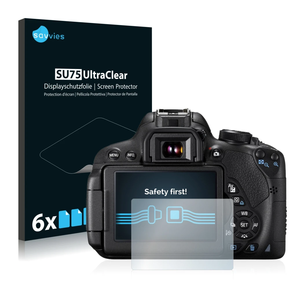 Vorderseite einer Produktverpackung mit dem Markenlogo Savvies. Daneben ist das Gerät Canon EOS 700D mit dem zugehörigen Displ