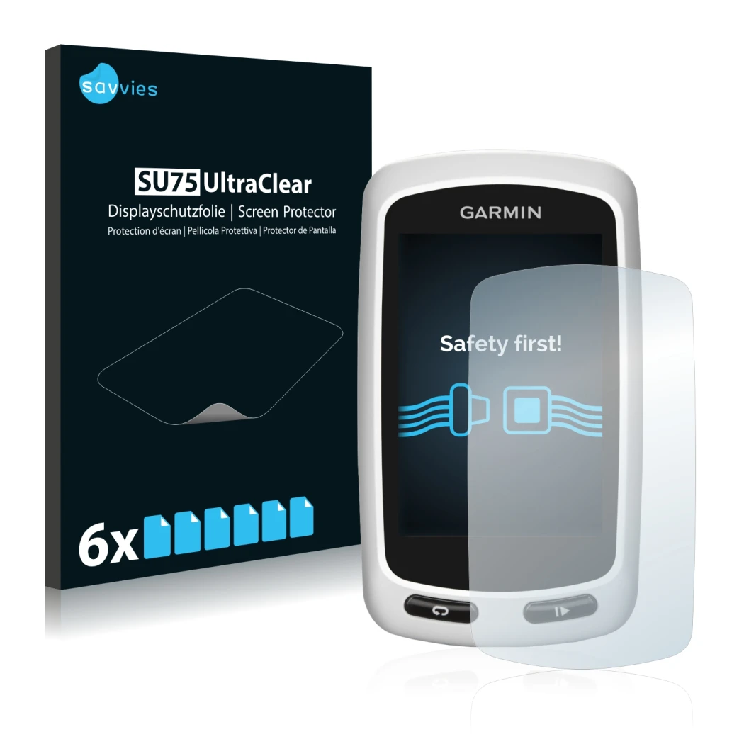 Vorderseite einer Produktverpackung mit dem Markenlogo Savvies. Daneben ist das Gerät Garmin Edge Touring Plus mit dem zugehör