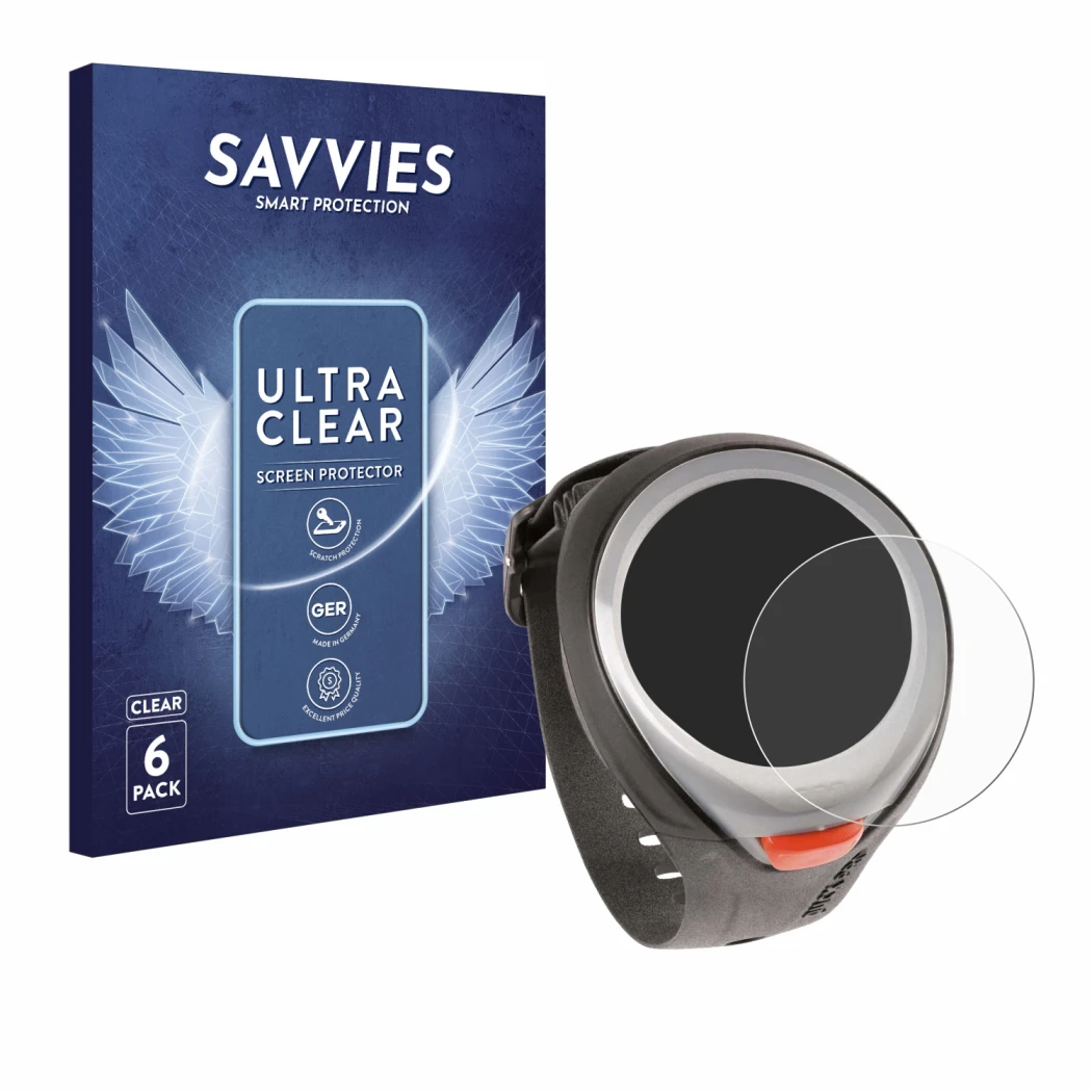 Vorderseite einer Produktverpackung mit dem Markenlogo Savvies. Daneben ist das Gerät Mares Puck Pro mit dem zugehörigen Displ