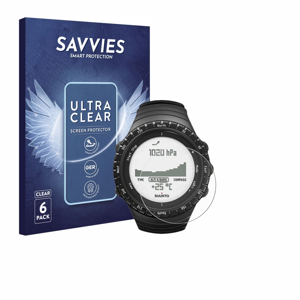 Vorderseite einer Produktverpackung mit dem Markenlogo Savvies. Daneben ist das Gerät Suunto Core Regular Black mit dem zugehö