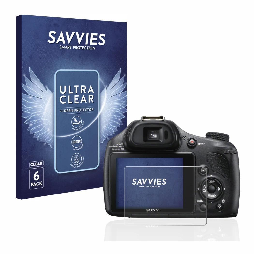 Vorderseite einer Produktverpackung mit dem Markenlogo Savvies. Daneben ist das Gerät Sony Cyber-Shot DSC-HX400V mit dem zugeh