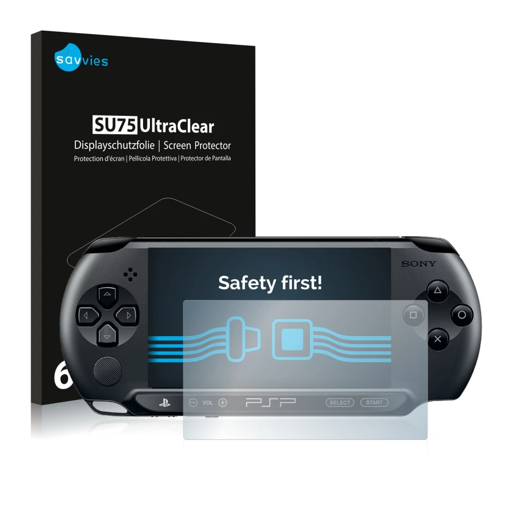 Vorderseite einer Produktverpackung mit dem Markenlogo Savvies. Daneben ist das Gerät Sony PSP 2000 mit dem zugehörigen Displa