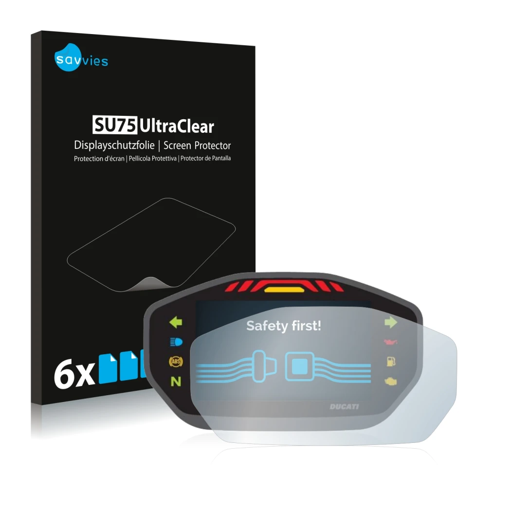 Vorderseite einer Produktverpackung mit dem Markenlogo Savvies. Daneben ist das Gerät Ducati Monster 1200S Colour-TFT-Display 