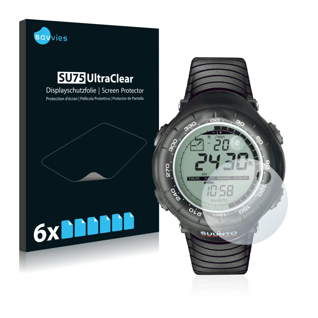 Vorderseite einer Produktverpackung mit dem Markenlogo Savvies. Daneben ist das Gerät Suunto Vector Black mit dem zugehörigen 