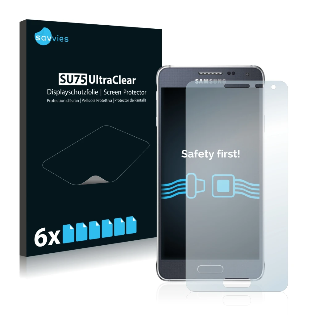 Vorderseite einer Produktverpackung mit dem Markenlogo Savvies. Daneben ist das Gerät Samsung Galaxy Alpha SM-G850F mit dem zu