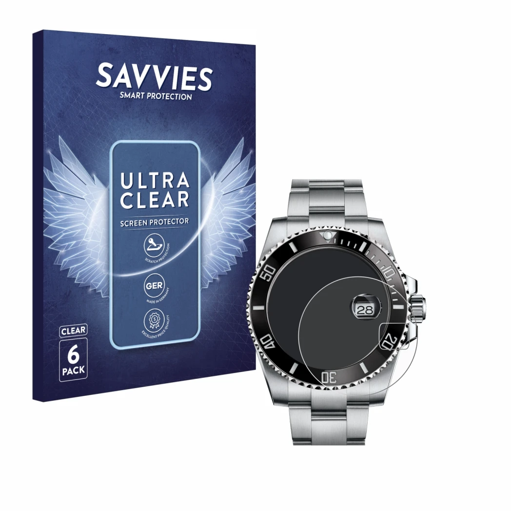 Vorderseite einer Produktverpackung mit dem Markenlogo Savvies. Daneben ist das Gerät Rolex Submariner (Date) mit dem zugehöri