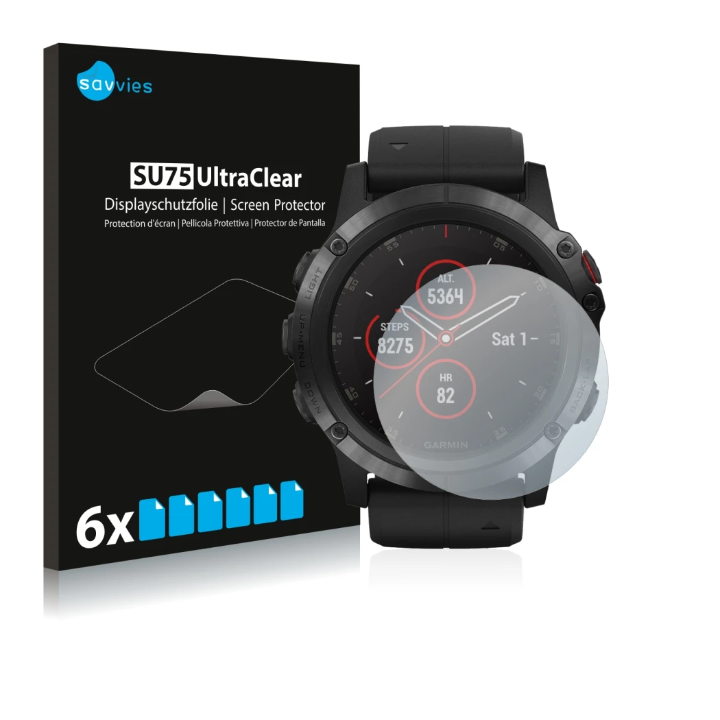 Vorderseite einer Produktverpackung mit dem Markenlogo Savvies. Daneben ist das Gerät Suunto Ambit3 Peak Black mit dem zugehör