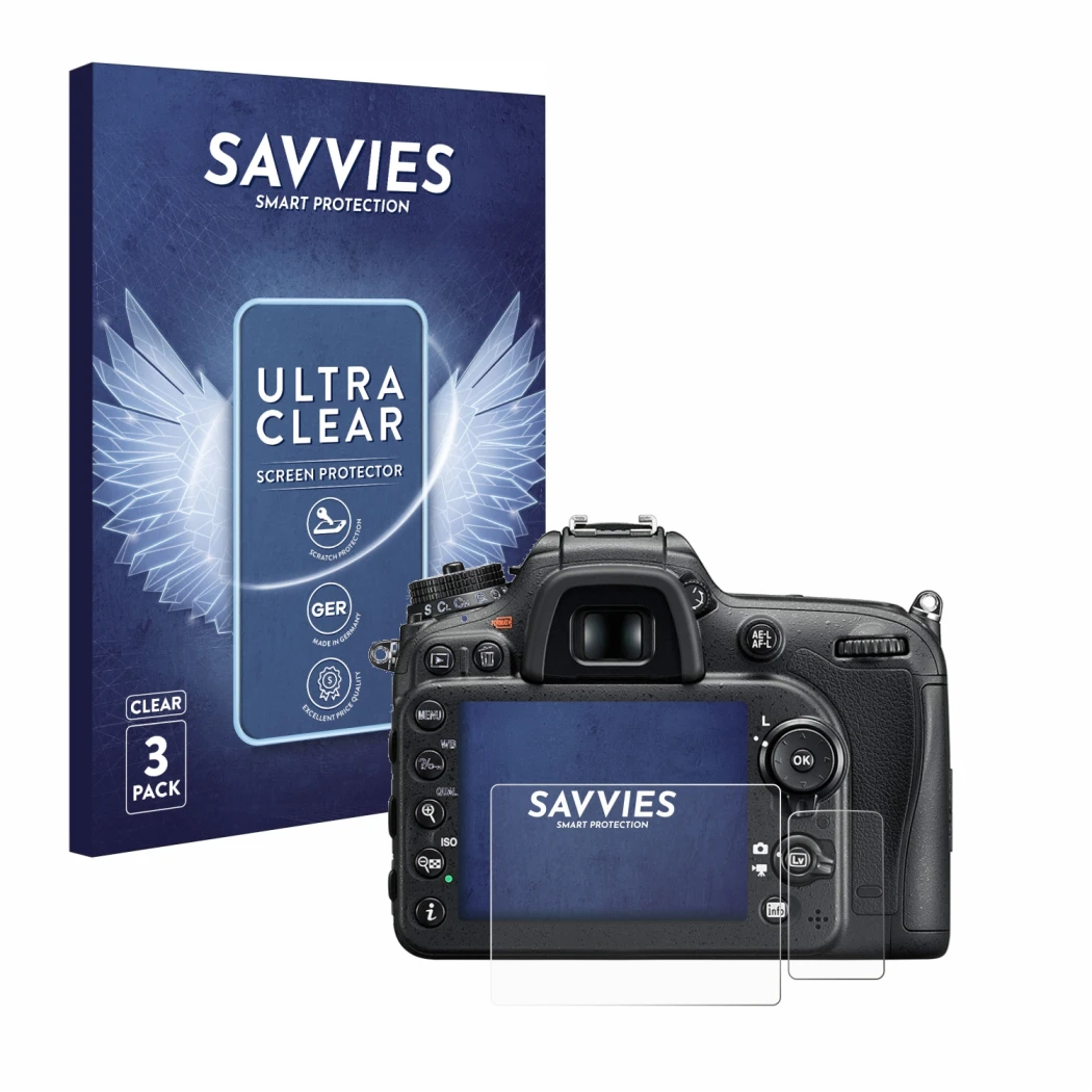 Vorderseite einer Produktverpackung mit dem Markenlogo Savvies. Daneben ist das Gerät Nikon D7200 mit dem zugehörigen Displays