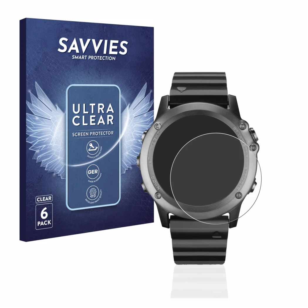 Vorderseite einer Produktverpackung mit dem Markenlogo Savvies. Daneben ist das Gerät Garmin Fenix 3 mit dem zugehörigen Displ