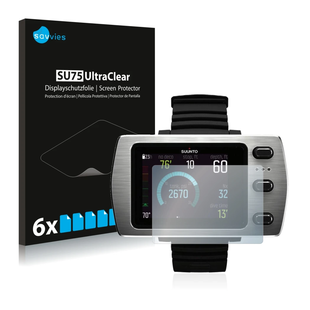Vorderseite einer Produktverpackung mit dem Markenlogo Savvies. Daneben ist das Gerät Suunto Eon Steel mit dem zugehörigen Dis