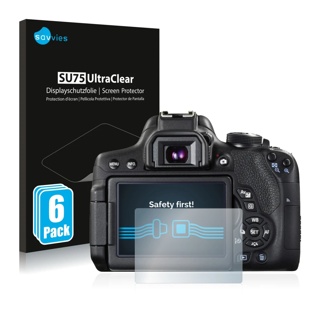 Vorderseite einer Produktverpackung mit dem Markenlogo Savvies. Daneben ist das Gerät Canon EOS 750D mit dem zugehörigen Displ
