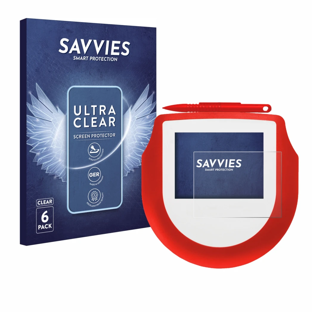 Vorderseite einer Produktverpackung mit dem Markenlogo Savvies. Daneben ist das Gerät Signotec Signature Pad Omega mit dem zug