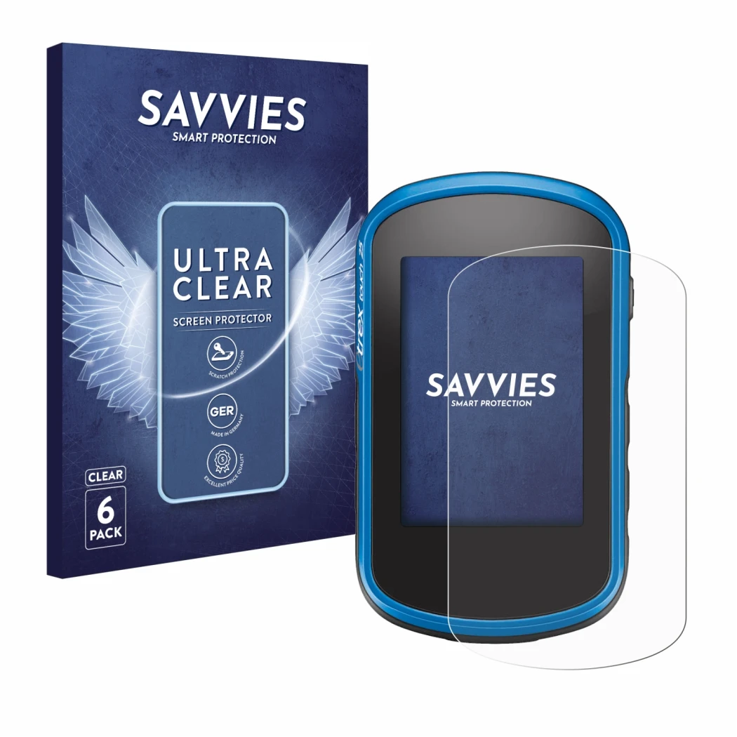 Vorderseite einer Produktverpackung mit dem Markenlogo Savvies. Daneben ist das Gerät Garmin eTrex Touch 35 mit dem zugehörige