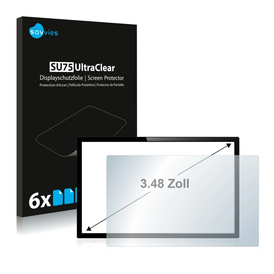 Vorderseite einer Produktverpackung mit dem Markenlogo Savvies. Daneben ist das Gerät mit dem zugehörigen Displayschutz abgebi