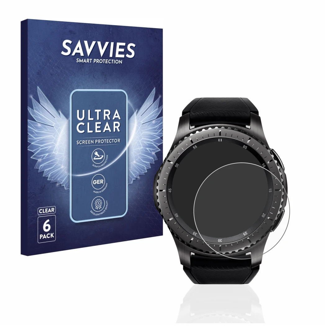 Vorderseite einer Produktverpackung mit dem Markenlogo Savvies. Daneben ist das Gerät Samsung Gear S3 Frontier mit dem zugehör