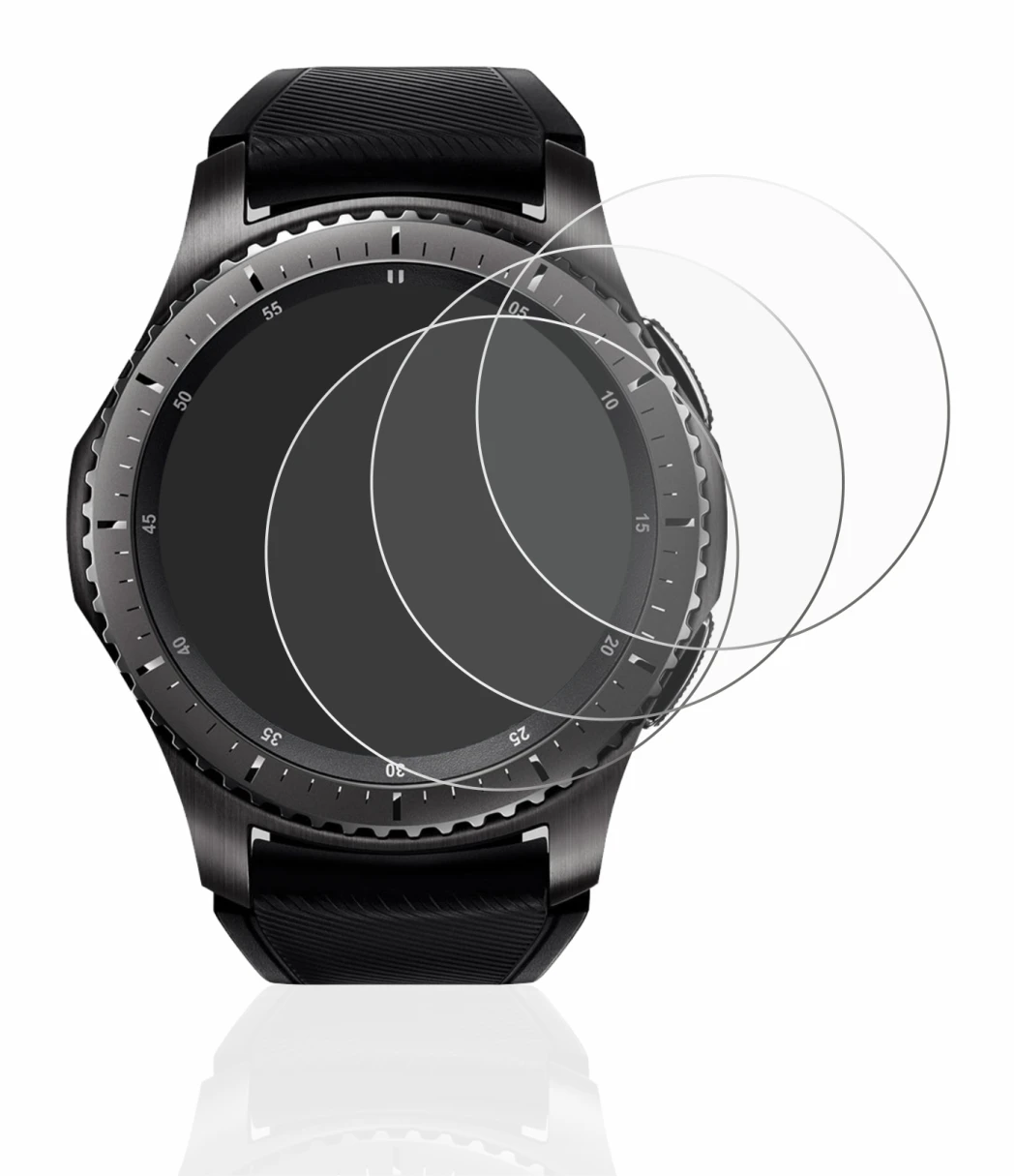 Abbildung des Geräts Samsung Gear S3 Frontier mit einer Vielzahl des Displayschutzes.
