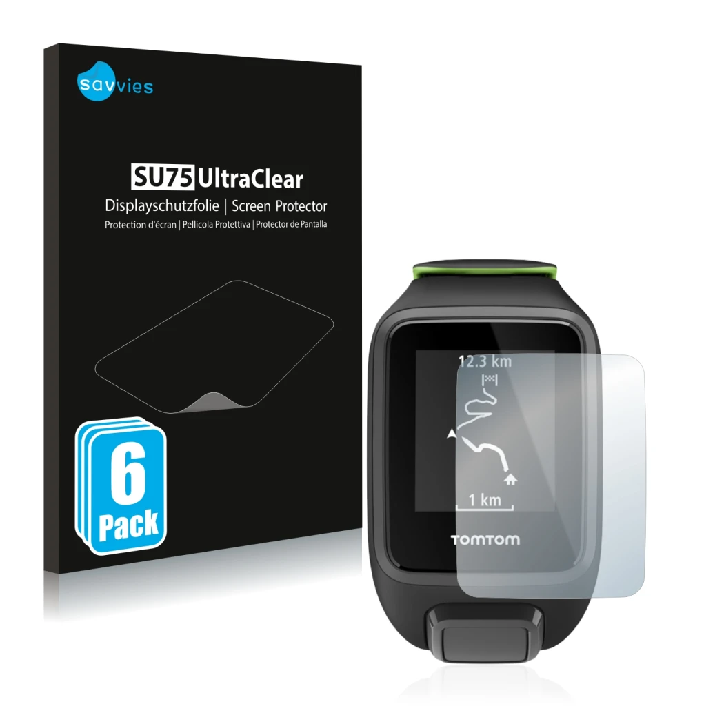 Vorderseite einer Produktverpackung mit dem Markenlogo Savvies. Daneben ist das Gerät TomTom Runner 3 mit dem zugehörigen Disp