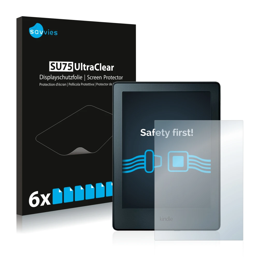 Vorderseite einer Produktverpackung mit dem Markenlogo Savvies. Daneben ist das Gerät Amazon Kindle 2016 (8. Gen.) mit dem zug