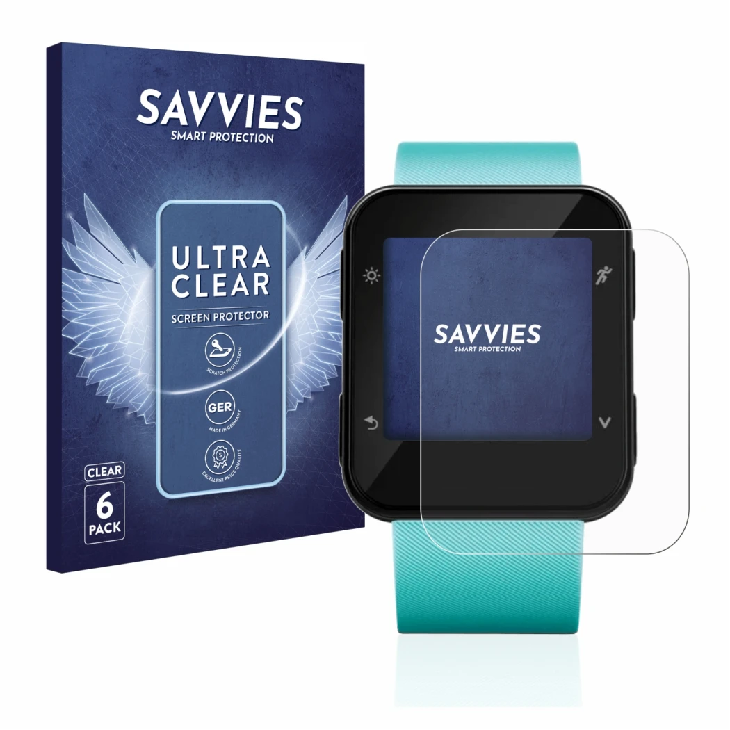 Vorderseite einer Produktverpackung mit dem Markenlogo Savvies. Daneben ist das Gerät Garmin Forerunner 35 mit dem zugehörigen