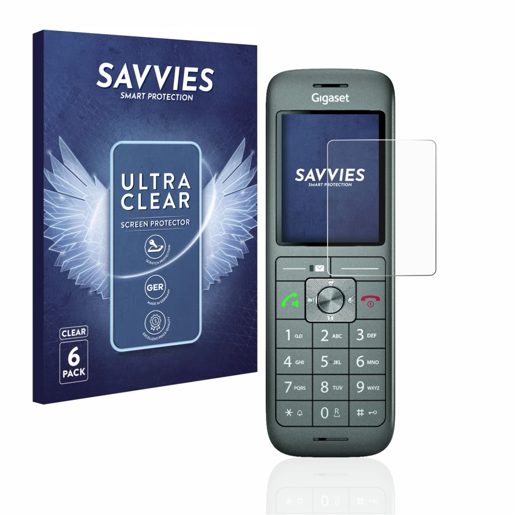 Vorderseite einer Produktverpackung mit dem Markenlogo Savvies. Daneben ist das Gerät Gigaset CL660HX mit dem zugehörigen Disp