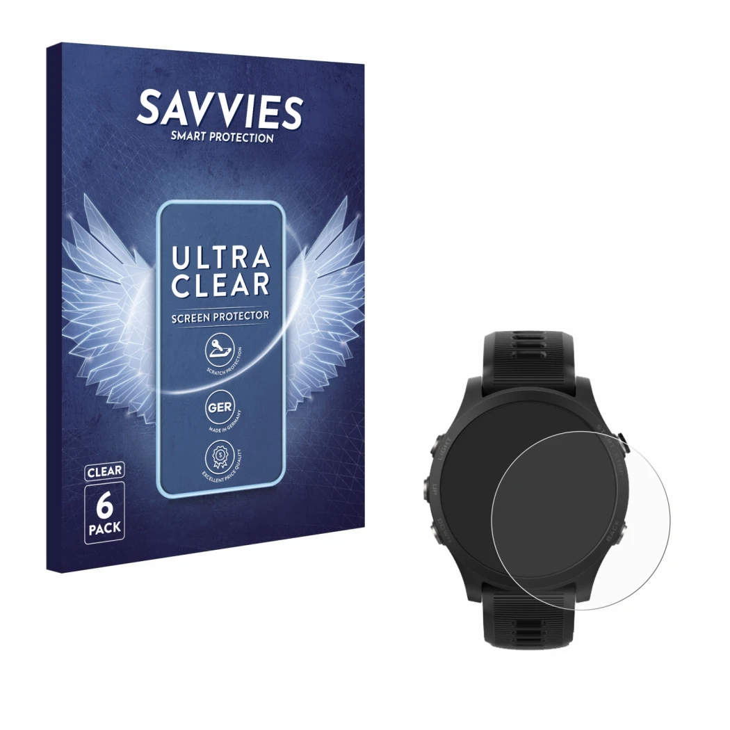Vorderseite einer Produktverpackung mit dem Markenlogo Savvies. Daneben ist das Gerät Garmin Forerunner 935 mit dem zugehörige