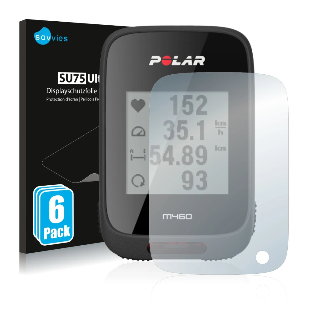 Vorderseite einer Produktverpackung mit dem Markenlogo Savvies. Daneben ist das Gerät Polar M460 mit dem zugehörigen Displaysc