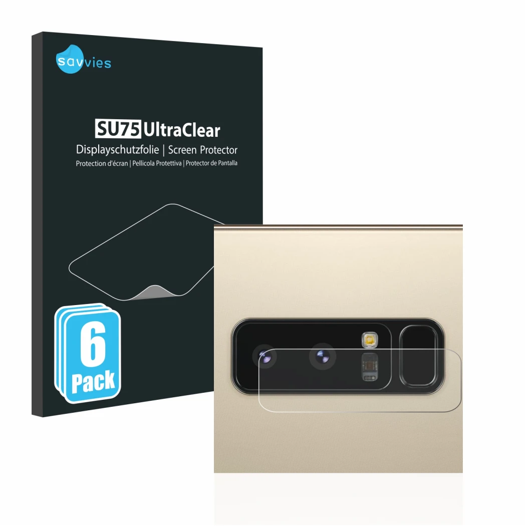 Vorderseite einer Produktverpackung mit dem Markenlogo Savvies. Daneben ist das Gerät Samsung Galaxy Note 8 (NUR Kameraschutz)